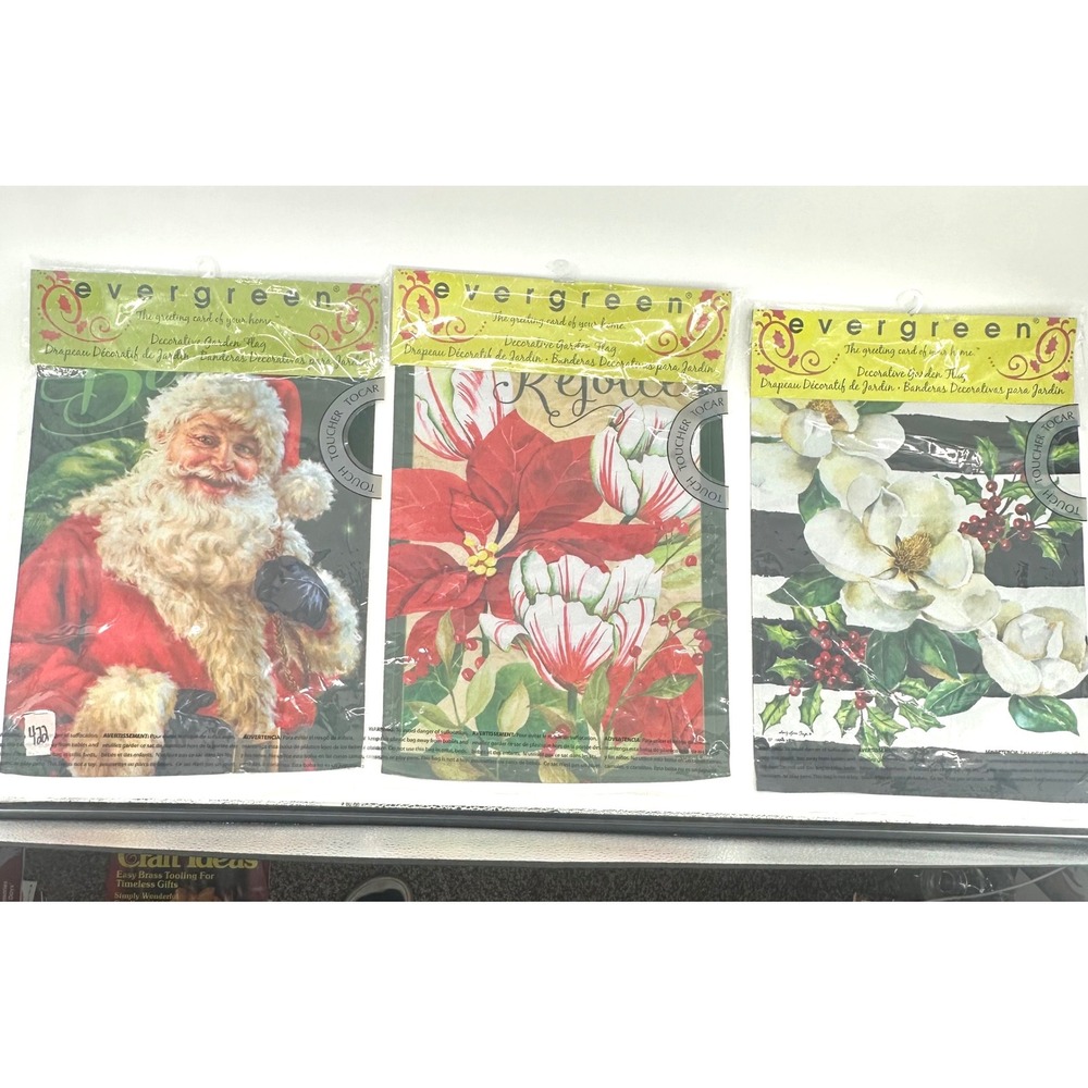 Evergreen Garden Flags Lot 3 Christmas Santa Poinsettia Magnolia New Suede Flag